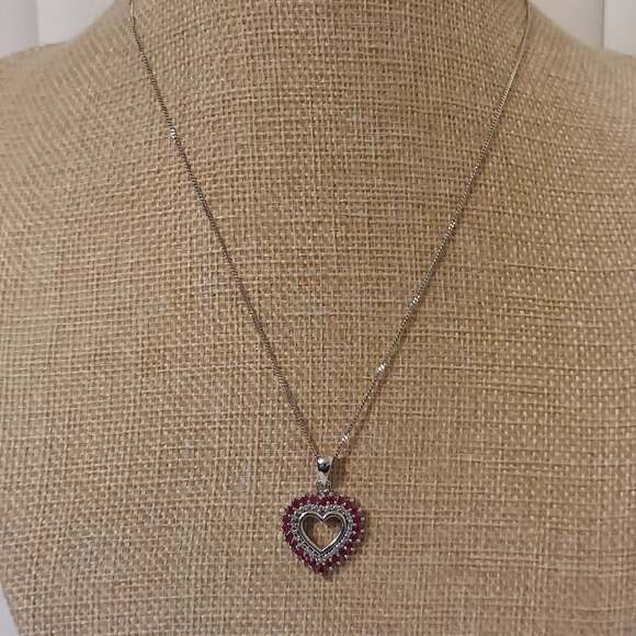 Italian 925 Sterling Silver & Red Rubies 3/4" Heart Pendant 16" Necklace - Picture 1 of 6